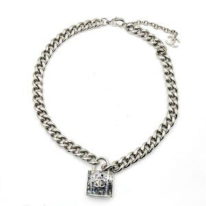Chanel Silver CC Black Padlock Chain Necklace